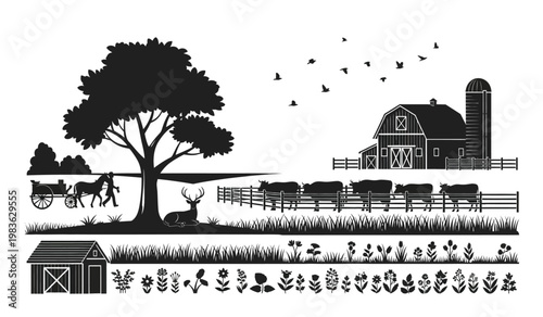 A picturesque rural scene depicts a farm landscape with animals a barn and trees presented in a striking silhouette high quality professional detailed modern