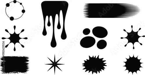 Black paint drip and splatter silhouette set. Ink drop stains - stock vector
