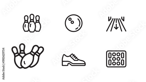 Vector illustration of bowling icons including pins ball lane strike shoe and score board