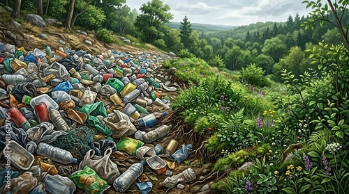An angled perspective reveals a pile of plastic waste beside thriving greenery, emphasizing the conflict between pollution and