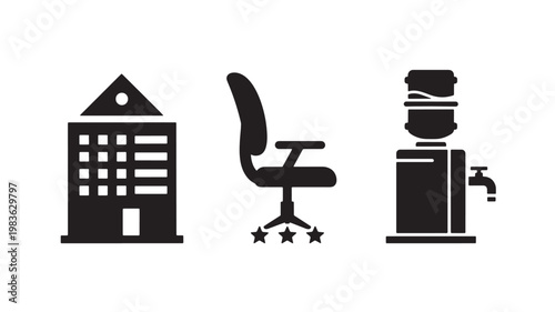 Vector Illustration Of Office Building, Chair, And Water Cooler For Business And Workspace Concept Isolated On Transparent Background