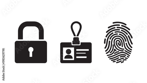 Vector Illustration Of Security Icons With Lock, Id Badge, And Fingerprint For Authentication And Identity Verification Concept Isolated On Transparent Background