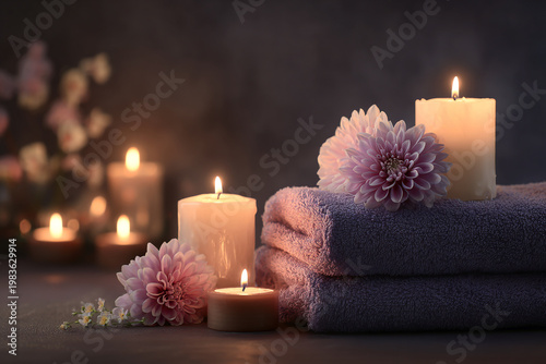 Serene spa scene with glowing candles fluffy towels and delicate pink flowers creating a tranquil atmosphere for relaxation and wellness