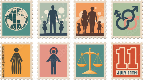 Set of Eight Vintage Style Postage Stamps Featuring World Population Day Themed Icons