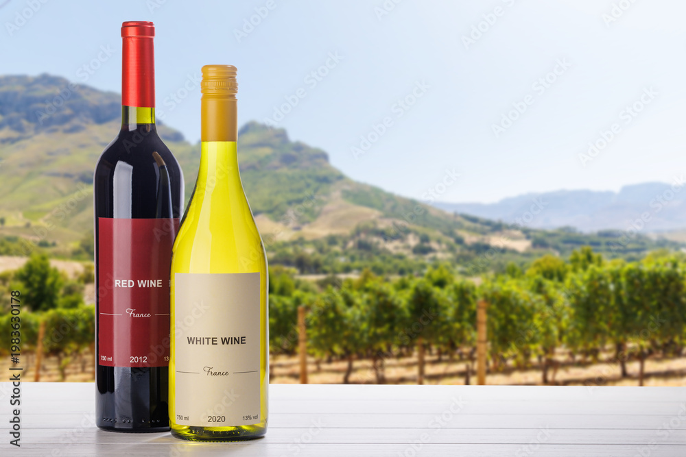 Fototapeta premium Wine bottles mockup in sunlit vineyard