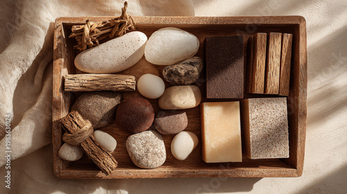 Natural spa bath items including soaps stones and shell decorations arranged in a wooden tray