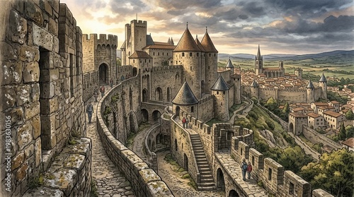 An angled perspective along a towering stone fortress wall reveals layered defensive architecture, aged texture, and the enduring