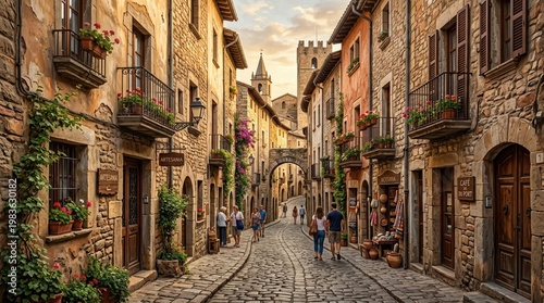 An angled perspective along a narrow street highlights continuous stone walls and facades, where textured masonry, architectural
