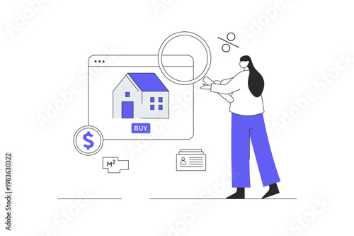 Real estate online. Woman searching house and selecting with bargain price at webpage. Flat Cartoon Vector Illustration, icon Stylish abstract design landing page web