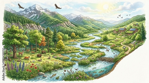 An angled view across a thriving ecosystem shows different habitats blending together, with plants, animals, and natural elements