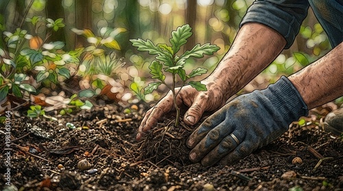 Close-up of a small tree sapling being planted in rich soil emphasizes growth, renewal, and the cycle of life, representing
