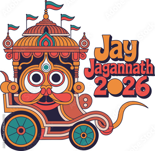 Lord Jagannath chariot illustration with traditional motifs for Ratha Yatra 2026 festival celebration and religious culture.