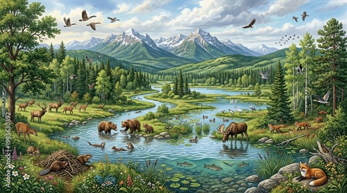 A panoramic scene of a vibrant ecosystem reveals forests, water, and wildlife coexisting in balance, representing sustainability,
