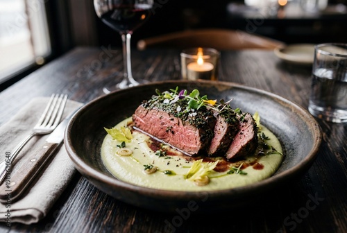 Aufgeschnittenes Kräuter-Onglet auf grünem Selleriepüree mit Microgreens und Essblüten bei Kerzenlicht