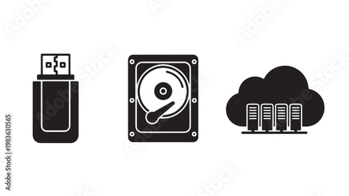 Vector Illustration Of Data Storage Devices Including Usb Flash Drive, Hard Disk Drive And Cloud Server For Technology And Computing Concept Isolated On Transparent Background