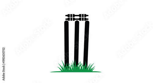 A striking black silhouette depicts cricket stumps and bails against a white backdrop set amidst green grass silhouette high quality professional detailed modern elegant