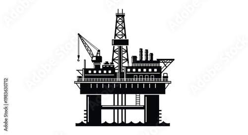 A detailed stark black illustration depicts an offshore oil rig structure with multiple levels complex machinery and a prominent derrick silhouette high quality professional