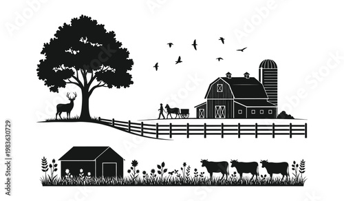 A striking black and white illustration depicts a rural scene with a barn grazing cows and deer presented as a silhouette high quality professional