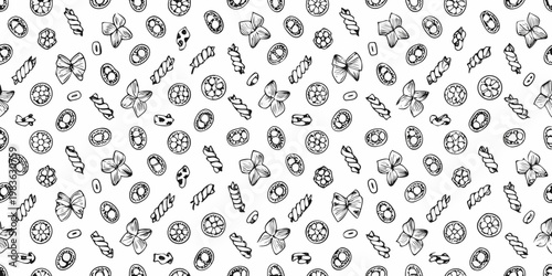 A seamless pattern of various hand drawn pasta shapes in black and white