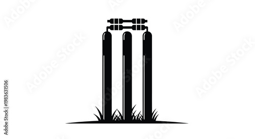 A striking black silhouette depicts a set of cricket wickets with blades of grass showcasing a minimalist aesthetic silhouette high quality professional detailed modern