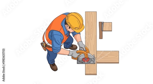 Man in hard hat cutting wood beam.
