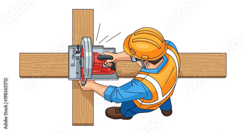 Construction worker cutting wooden beam with circular saw.