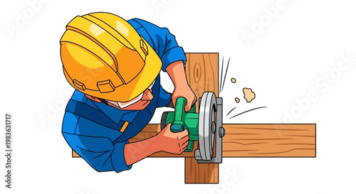 Man wearing a yellow hard hat cutting wood.