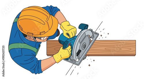 Man wearing safety gear using circular saw.
