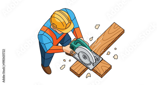 Man wearing safety gear using power saw.