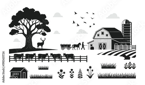 A picturesque rural scene depicts a farm with a barn grazing cattle a deer and a farmer with a horse drawn cart all in silhouette