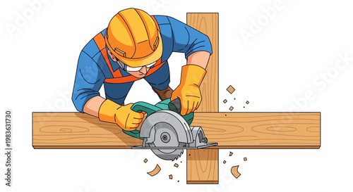 Man wearing safety gear using power saw.