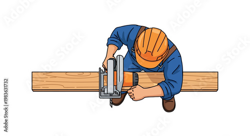 Man wearing a hard hat sawing wood.