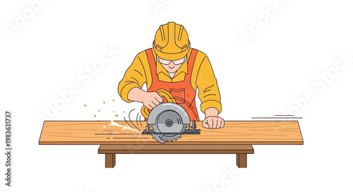 Man in safety gear using circular saw.