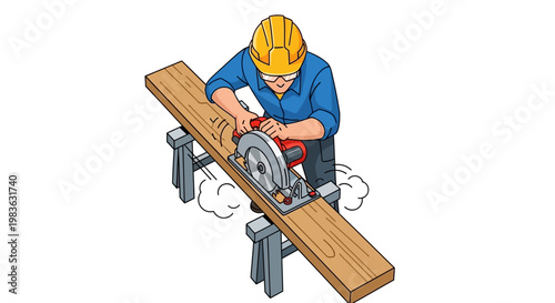 Man sawing wood with a circular power tool.