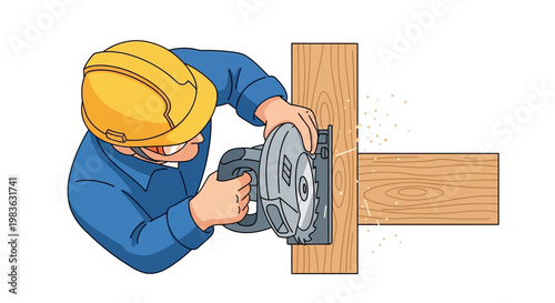 Man wearing safety gear using circular saw.