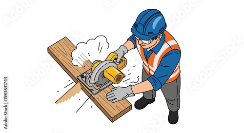 Man wearing safety gear using circular saw.