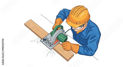 Man wearing safety gear using power saw.