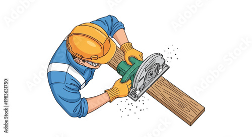 Man sawing wood with a power tool.
