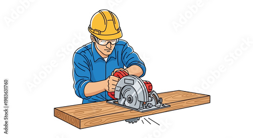 Man wearing safety gear using power saw.