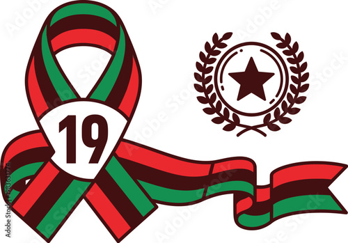 Juneteenth celebration honoring freedom and emancipation with the pan african flag and symbolic ribbon design