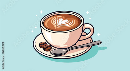 A Delicious Cup of Coffee with Latte Art and Coffee Beans.