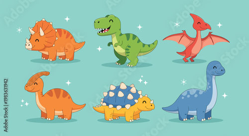 Adorable collection of cartoon dinosaurs cute prehistoric creatures.