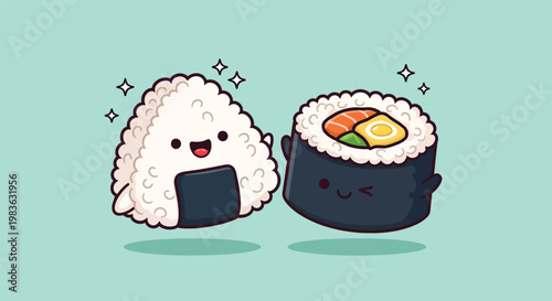 Adorable onigiri and sushi roll characters smiling.