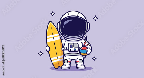 Astronaut Holding Surfboard and Ice Cream on Purple Background.