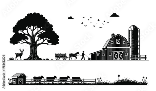 A pastoral scene depicts a classic farm landscape with a barn tree deer and livestock presented as a striking silhouette high quality professional detailed