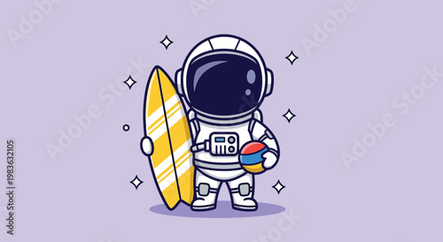 Cute astronaut character holding surfboard and beach ball.