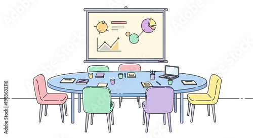 Colorful chairs around meeting table.