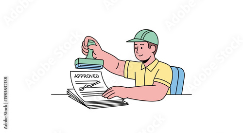 Man in yellow shirt approves document.