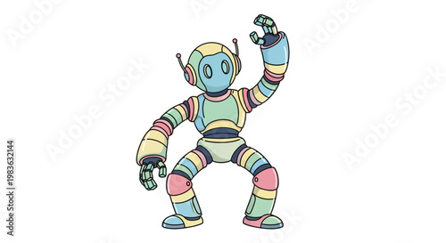 Colorful robot with raised arm standing.