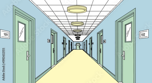 Interior hospital corridor with doors.